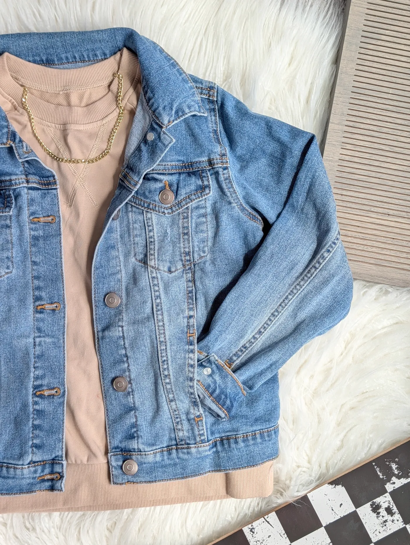 Denim apparel styling flat lay by Mini Style Stories